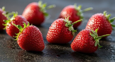 Freshly Harvested Juicy Strawberries with Water Drops on Dark Background Ideal for Healthy Recipes