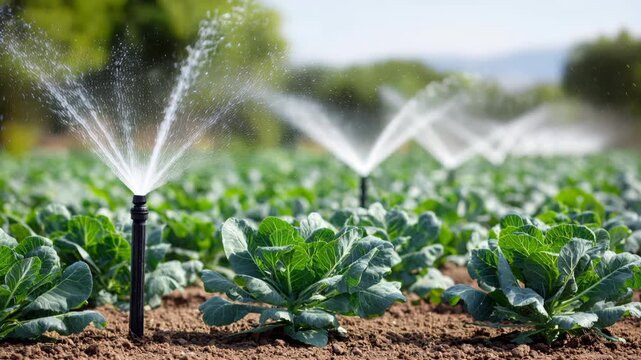 A close-up view of an agricultural field where rows of green plants are being watered by multiple irrigation sprinklers under bright daylight.
