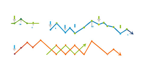 Colorful Line Graphs with Arrows and Dots on White Background