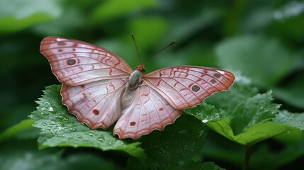 Obraz premium A close-up of a pale pink butterfly with intricate wing patterns, resting on a soft green leaf in a lush garden.