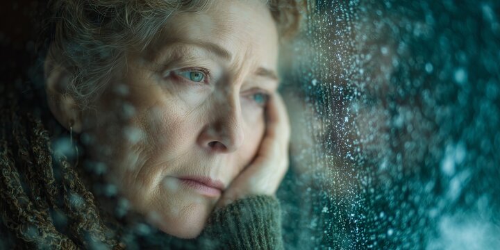 Peaceful candid close-up, an older woman with her cheek resting on her hand, looking out a frosted window at heavy snowfall, soft indoor light, reflection on the glass, calm and serene mood - Powered by Adobe