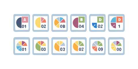 Colorful Pie Chart Icons with Numbers and Letters graph