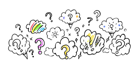 Colorful question marks and thought bubbles with transparent background