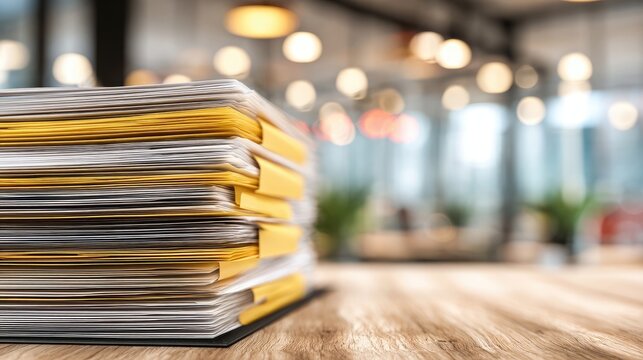 High Stack of Documents with Yellow Folders on Wooden Table