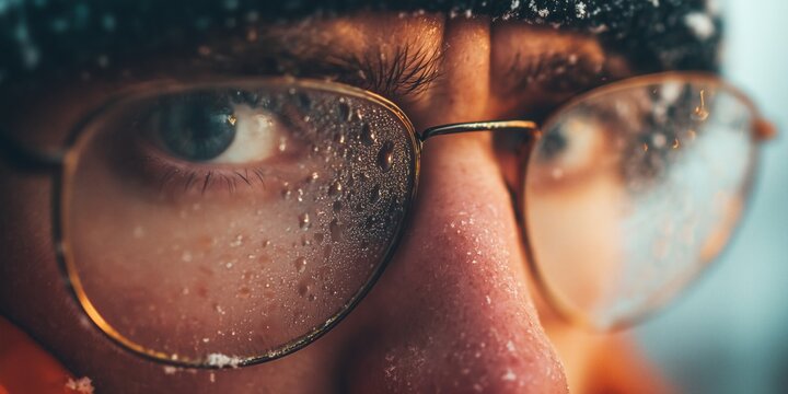candid close-up, a person wearing glasses that are completely fogged up with white condensation upon entering a warm room from the cold, looking bewildered, melting snow on their beanie 