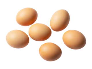 Six brown chicken eggs scattered on a solid black background, top-down view