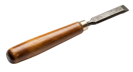 Woodworking chisel with polished wooden handle and beveled metal blade—used for carving, shaping, and detailing wood in carpentry or sculpture