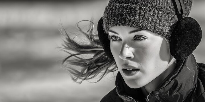Action candid close-up, intense look of concentration on a woman's face as she ice skates fast, breath visible in the cold air, wind blowing her hair back, wearing ear muffs