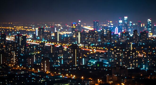 Nighttime Cityscape A Dreamy Urban Haze of Lights and Bokeh in a Distant Panorama - Powered by Adobe