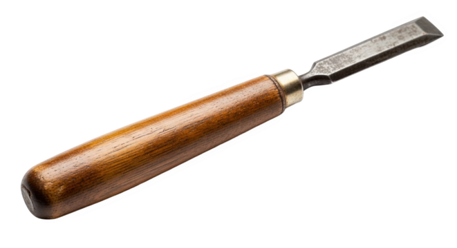 Woodworking chisel with polished wooden handle and beveled metal blade—used for carving, shaping, and detailing wood in carpentry or sculpture