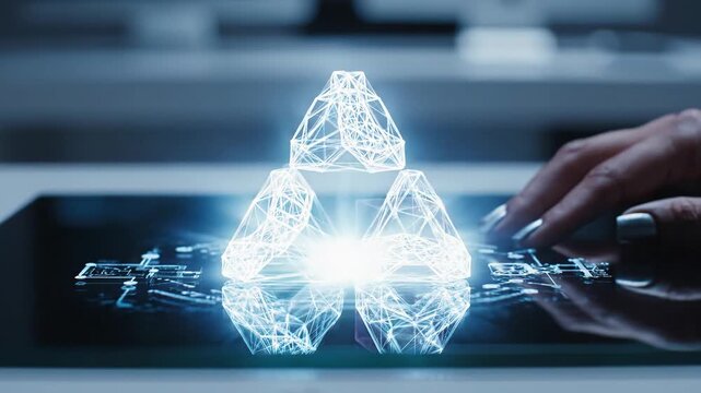 Hand interacting with holographic geometric shapes on digital screen  