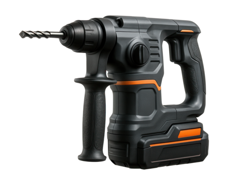 Cordless rotary hammer with D-handle for drilling at construction sites.