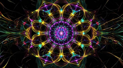 Colorful abstract digital illustration featuring intricate patterns and vibrant light trails, creating a mesmerizing mandala effect with a dark background