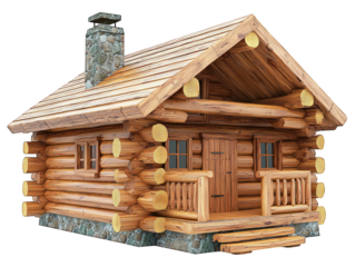 Small log cabin with stone chimney, wooden porch, and gabled roof against black