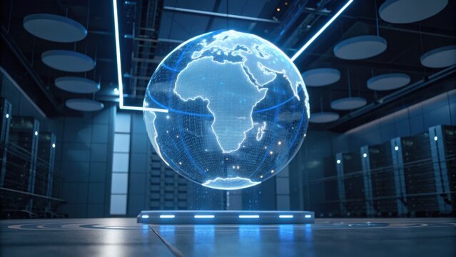 A futuristic holographic globe displays Africa, set in a high-tech environment with digital elements and servers, emphasizing technology and global connectivity.