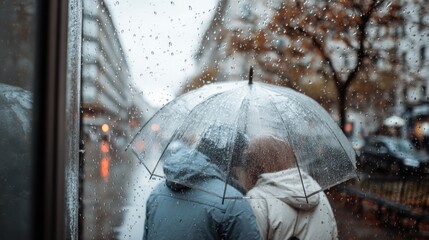 Tender scene of two people sharing transparent umbrella on rainy day. Raindrops on glass and soft city lights evoke warmth, closeness and Valentines Day romance.
