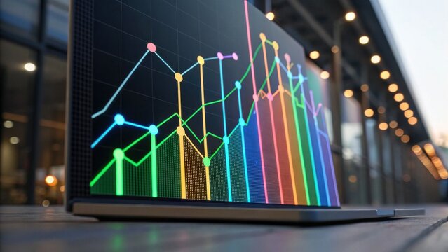 A colorful data visualization on a laptop screen, showcasing graphs and trends, set against a modern outdoor backdrop.