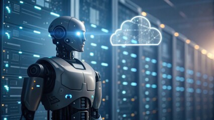 A futuristic robot stands before a server room, visualizing cloud data connections, symbolizing the integration of AI and cloud technology.