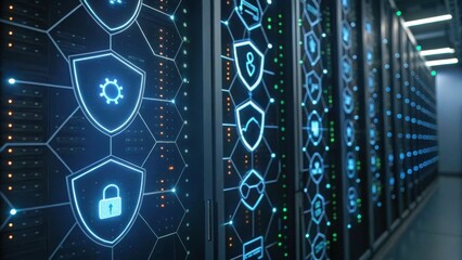 A high-tech server room featuring illuminated panels displaying security icons and data processing elements, showcasing advanced technology infrastructure.