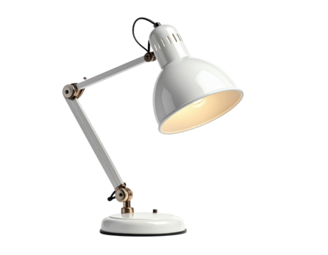 A white, adjustable industrial-style desk lamp is brightly illuminated and isolated against a transparent black background, suggesting themes of work and study.