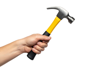Hand holding claw hammer with yellow fiberglass handle isolated on transparent background
