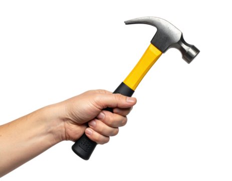 Hand holding claw hammer with yellow fiberglass handle isolated on transparent background