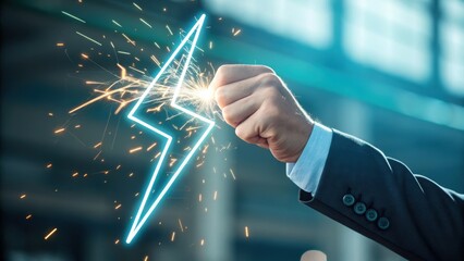 Innovation and growth icons shine as business hand holds glowing lightning symbol representing energy and creative power