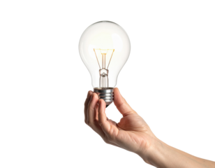 Hand holding light bulb with visible filament isolated on transparent background