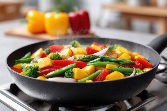 A vibrant stir-fry featuring fresh vegetables like bell peppers, broccoli, and asparagus, cooked in a black pan on a modern kitchen stove.