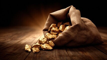 A burlap sack spills shiny gold nuggets onto a wooden surface, illuminated by a warm glow, symbolizing wealth and treasure.