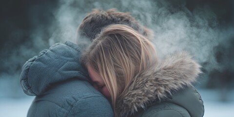 Intimate candid close-up, two people hugging tightly outdoors in the cold, their faces buried in each other's shoulders, a visible cloud of combined white breath vapor rising between them 