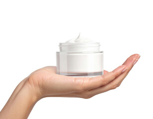 Hand holding open jar of white face cream or moisturizer on transparent background