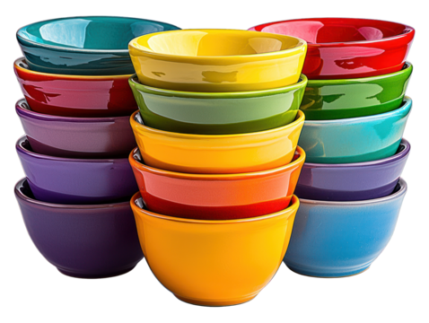 Stack of vibrant, colorful ceramic bowls in graduated rainbow hues