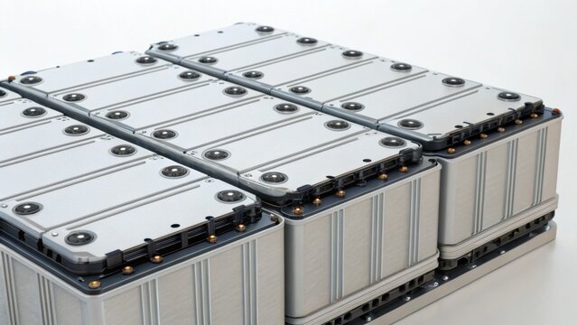 A collection of metallic battery packs neatly arranged, showcasing a modern design suitable for various technological applications.