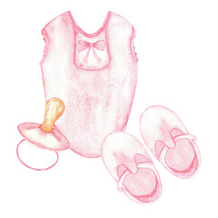 Charming pink baby bodysuit with shoes and pacifier design for nursery decor. Watercolor illustration for card, invitation. For gender reveal party, baby shower, baptism, boy or girl party, Isolated