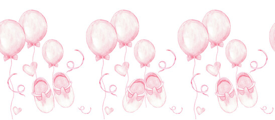 Charming pink seamless border with balloons and baby shoes for nursery decor or baby shower invitations. Watercolor illustration for gender reveal party, baptism, boy or girl party. Hand drawn © iri.madrid.art