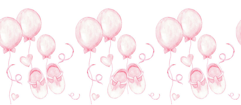 Charming pink seamless border with balloons and baby shoes for nursery decor or baby shower invitations. Watercolor illustration for gender reveal party, baptism, boy or girl party. Hand drawn