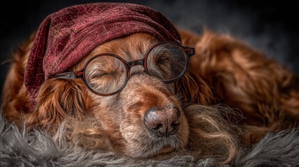 A cozy, elderly dog wearing glasses and a scarf lies peacefully on a soft surface, exuding a charming, relaxed vibe.