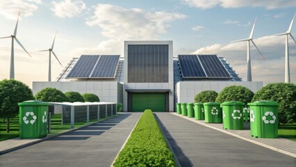 A modern eco-friendly facility featuring solar panels, wind turbines, and recycling bins, promoting sustainability and renewable energy.