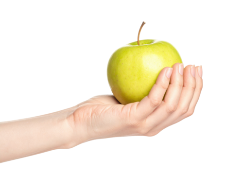 Hand holding fresh green apple isolated on transparent background - Powered by Adobe