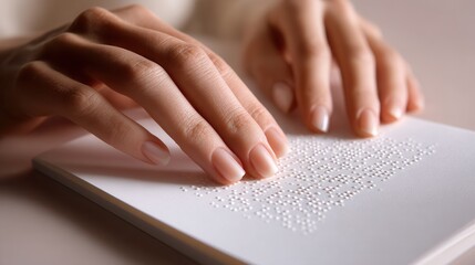 Close-up of hands gently touching braille text on paper, showcasing accessibility and communication for visually impaired individuals.