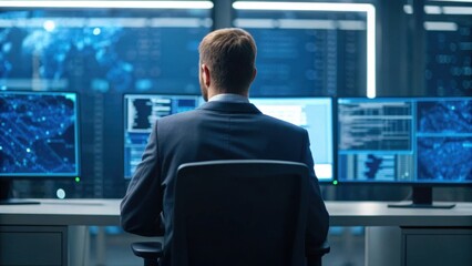 A focused individual in a suit works at multiple screens displaying data and analytics in a high-tech environment.