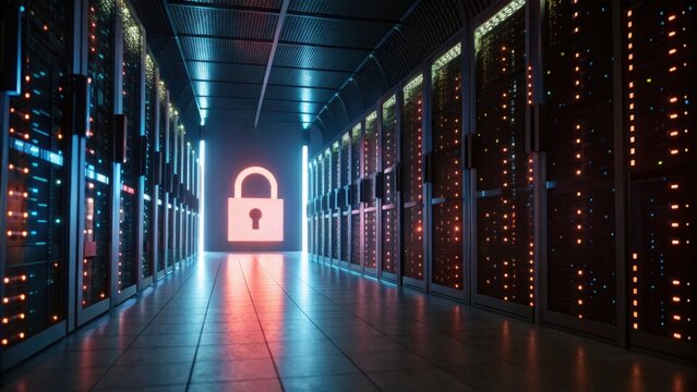 A futuristic server room illuminated with blue and red lights, featuring a prominent padlock symbol, symbolizing data security and protection.