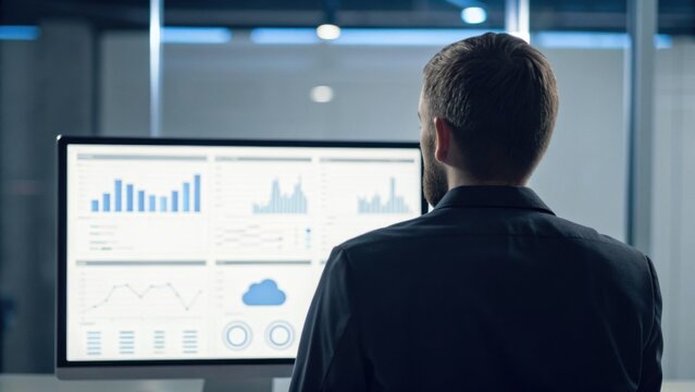 A man analyzes data on a computer screen, displaying graphs and charts, in a modern office environment.