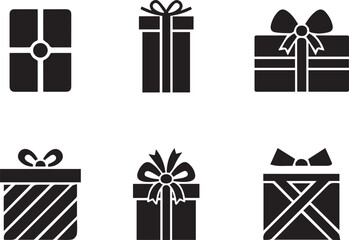 Set of six simple black gift box icons Vector collection of black silhouette presents for holiday, birthday, and Christmas celebrations.