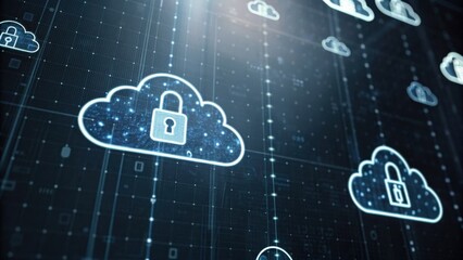 A digital representation of cloud computing with locked cloud icons, symbolizing data security and privacy in a technology-driven environment.