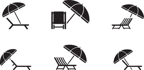 Set of six minimalist icons Beach chair and umbrella icon set. Summer vacation silhouette vector symbols for travel, relaxation, and resort themes.