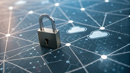 A digital lock sits on a network grid, symbolizing security and data protection in a connected world.
