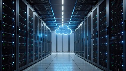 A modern data center with rows of servers and a glowing cloud icon overhead, symbolizing cloud computing technology.