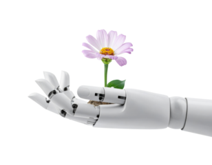 A white robotic hand gently holds a pink flower and a small clump of soil, symbolizing the connection between technology, nature, and growth.